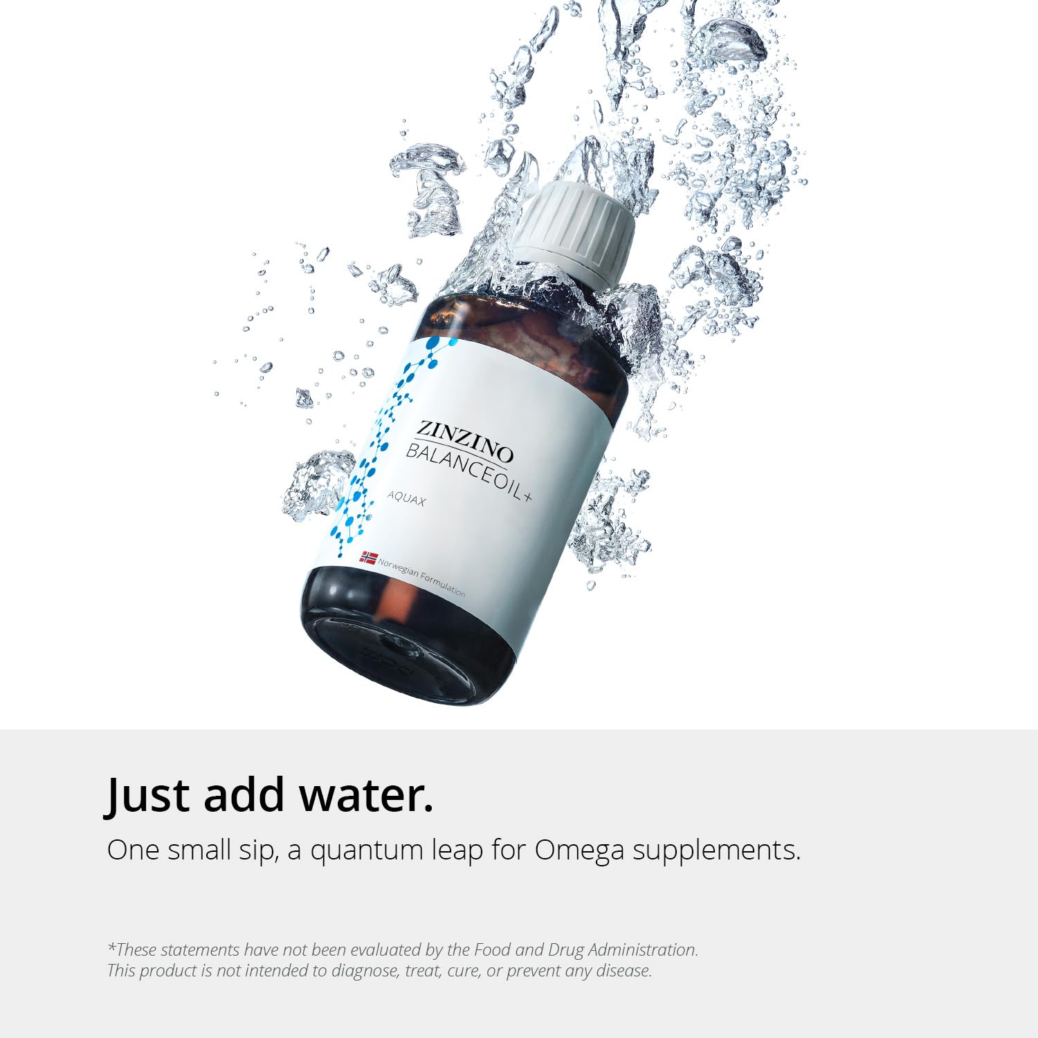 Zinzino BalanceOil+ AquaX versé dans un verre d'eau pour dégustation rapide