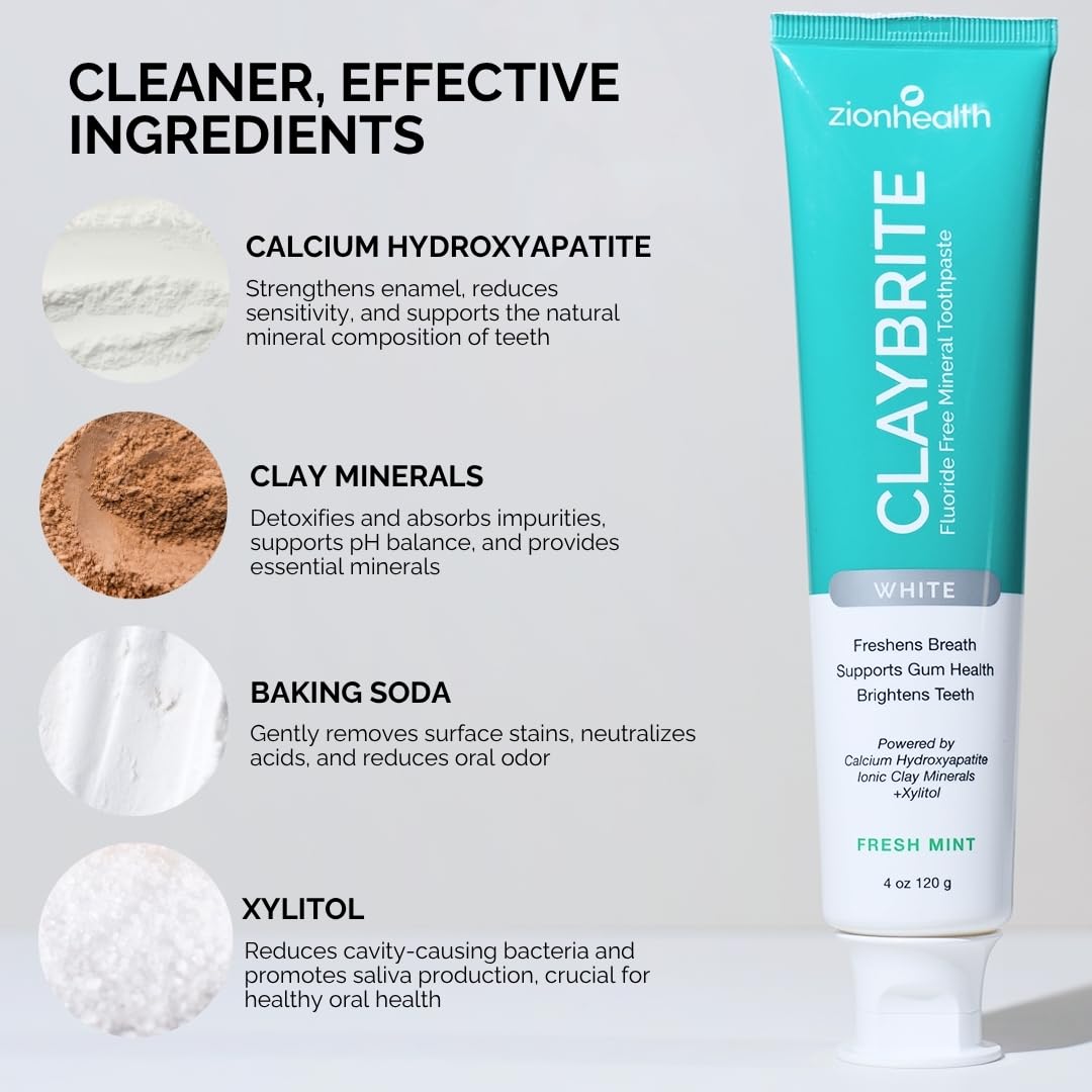 Ingrédients clés Zion Health ClayBrite: xylitol et extrait de thé vert.
