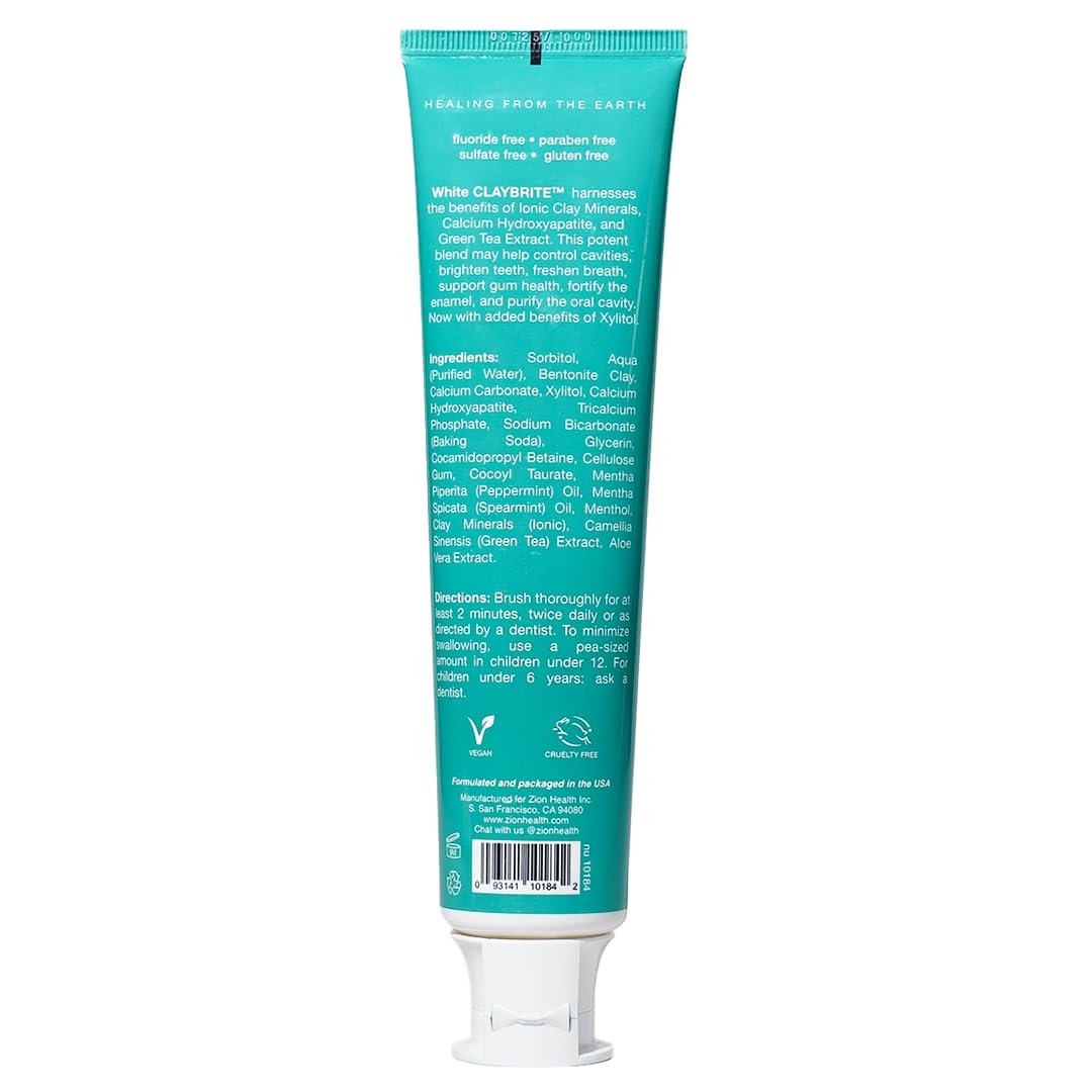 Tube Zion Health ClayBrite dentifrice ouvert révélant texture crème.