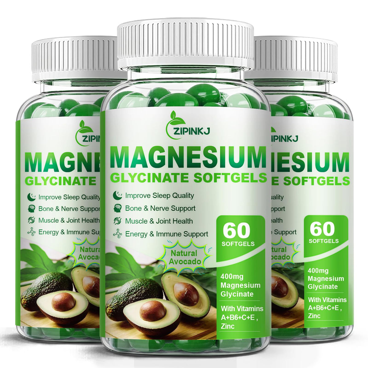 ZIPINKJ Magnésium Glycinate 400 mg - bouteille, soutien potentiel au sommeil et relaxation.