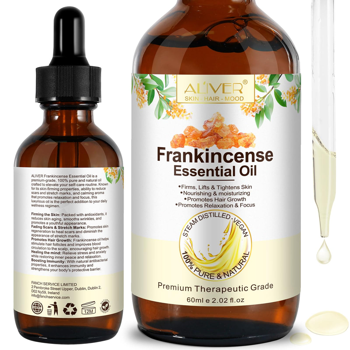 Huile d’encens ZIXAOK dans une bouteille ambrée, protection UV et soin du visage.