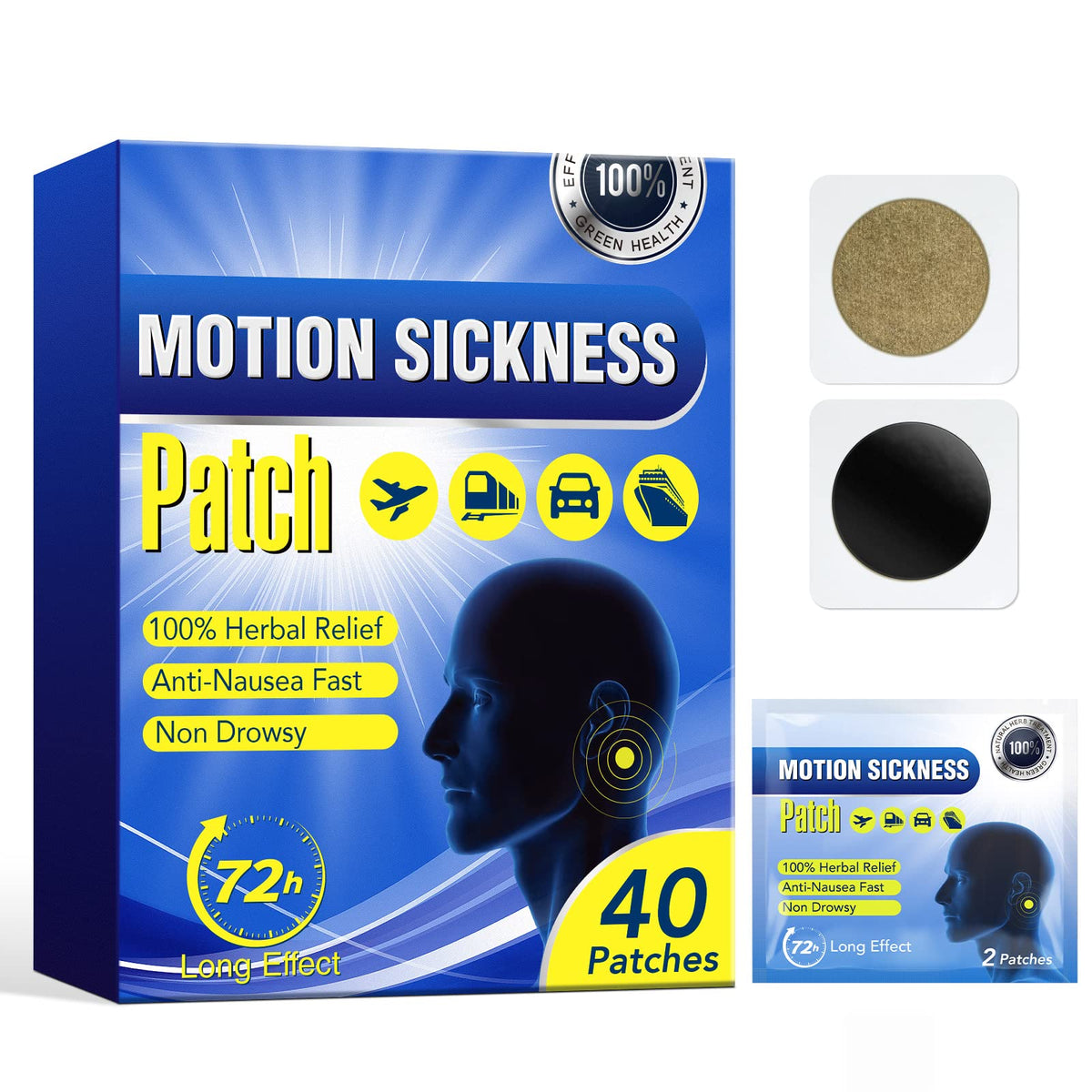 Patch ZIXAOK et boîte, pratique pour voyages sans nausées.
