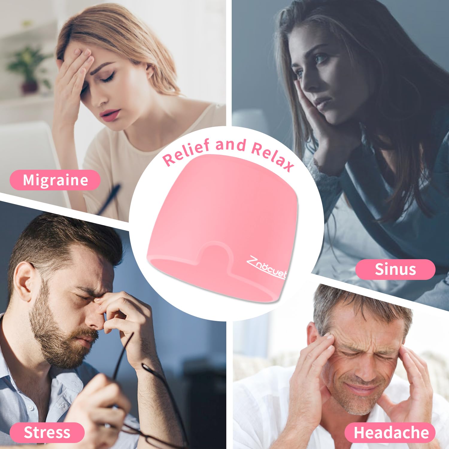 ZNÖCUETÖD cap-gel migraine: vue dos, port discret pour détente rapide