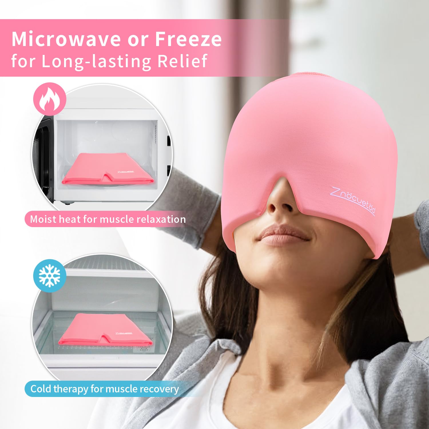 ZNÖCUETÖD cap-gel migraine: vue utilisation, facile à mettre et à retirer