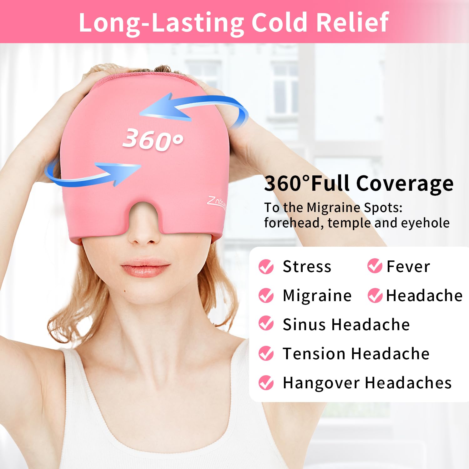 ZNÖCUETÖD cap-gel migraine: vue visage, réduction des tensions et du stress