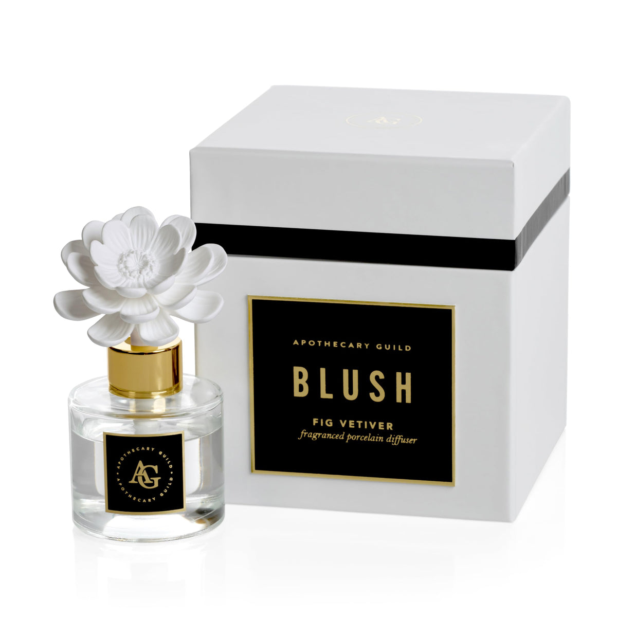 Diffuseur Zodax Apothecary Guild Blush en porcelaine avec fleur, ambiance raffinée.