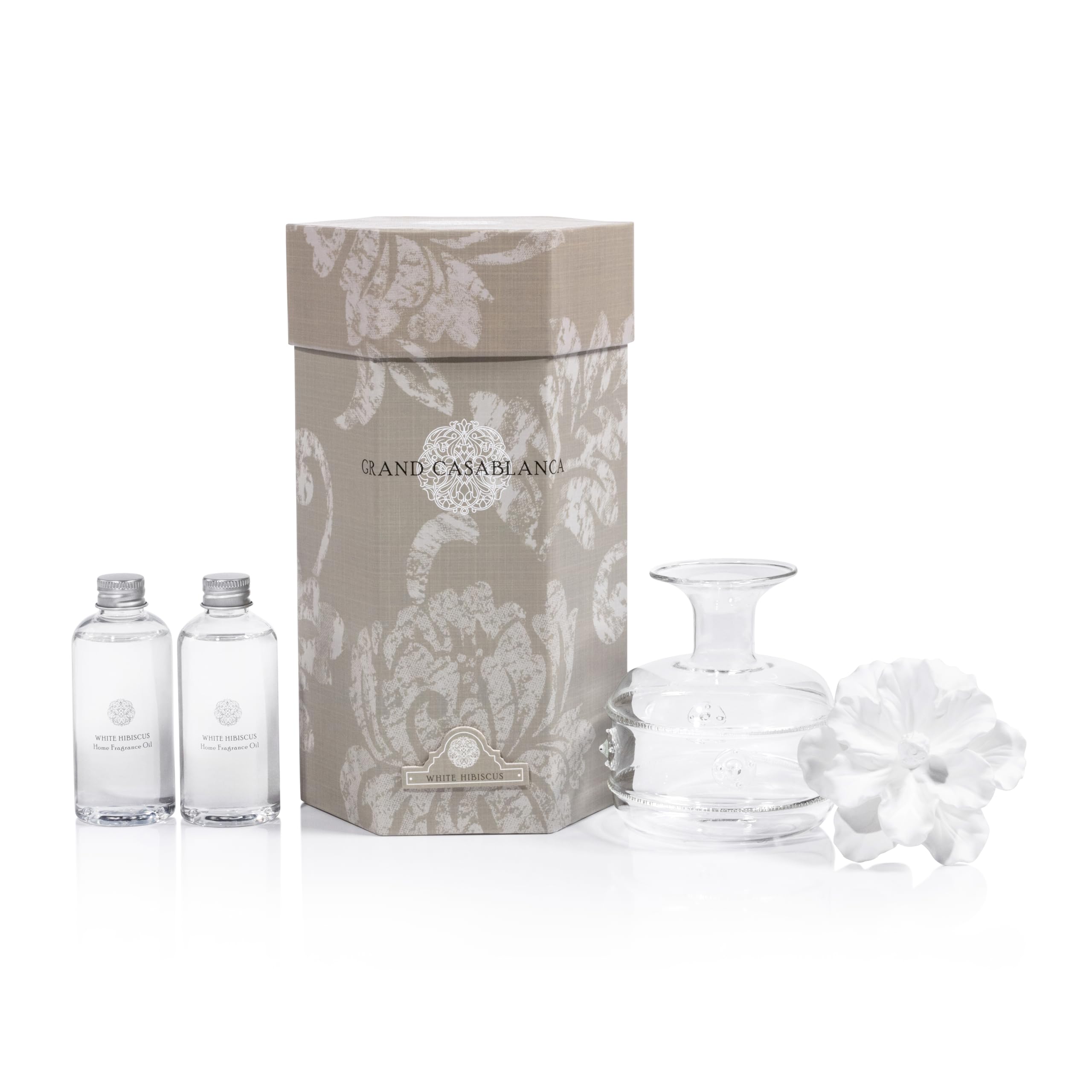 Bouteille en verre et parfum Hibiscus blanc, ambiance fraîche et accueillante