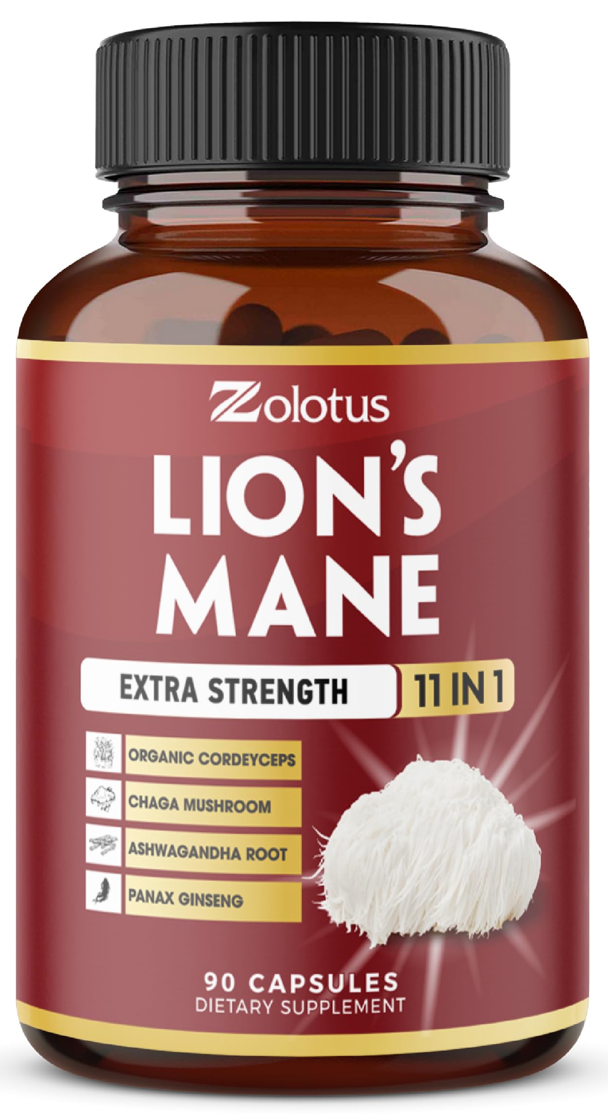Zolotus – bouteille de capsules champignon crinière de lion prête à l’emploi, soutien quotidien potentiel.