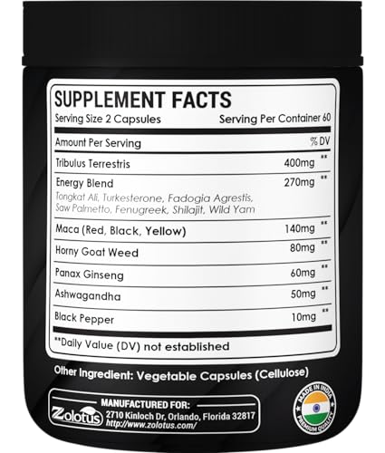 Plan rapproché des ingrédients clés, Tribulus Terrestris et Maca, dans la formule.