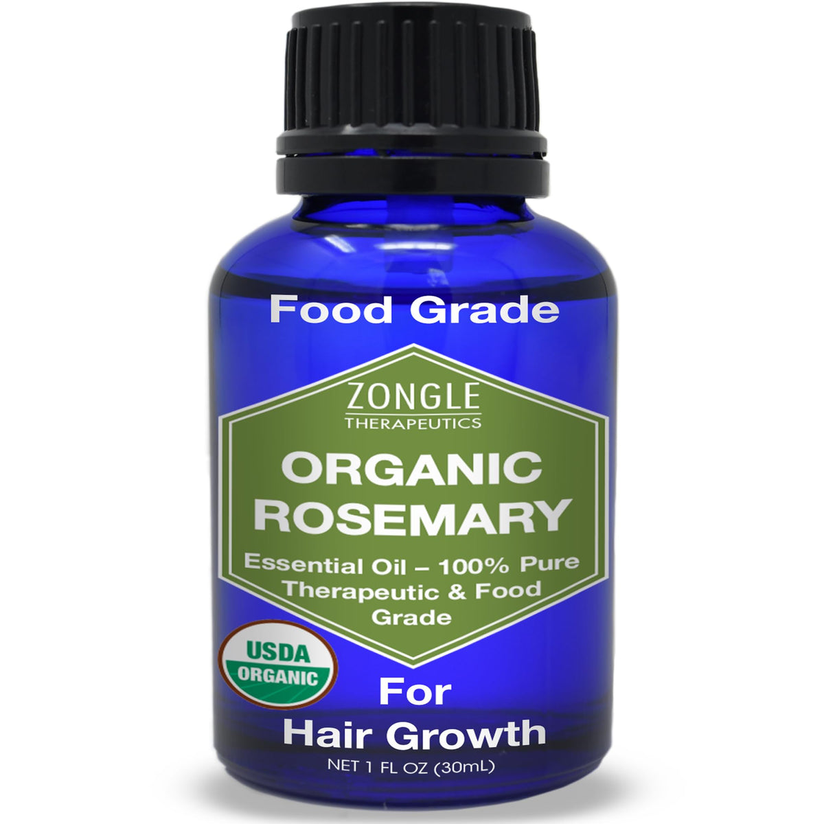 Zongle Therapeutics huile essentielle romarin bio en bouteille, parfum aromatique pour cheveux.