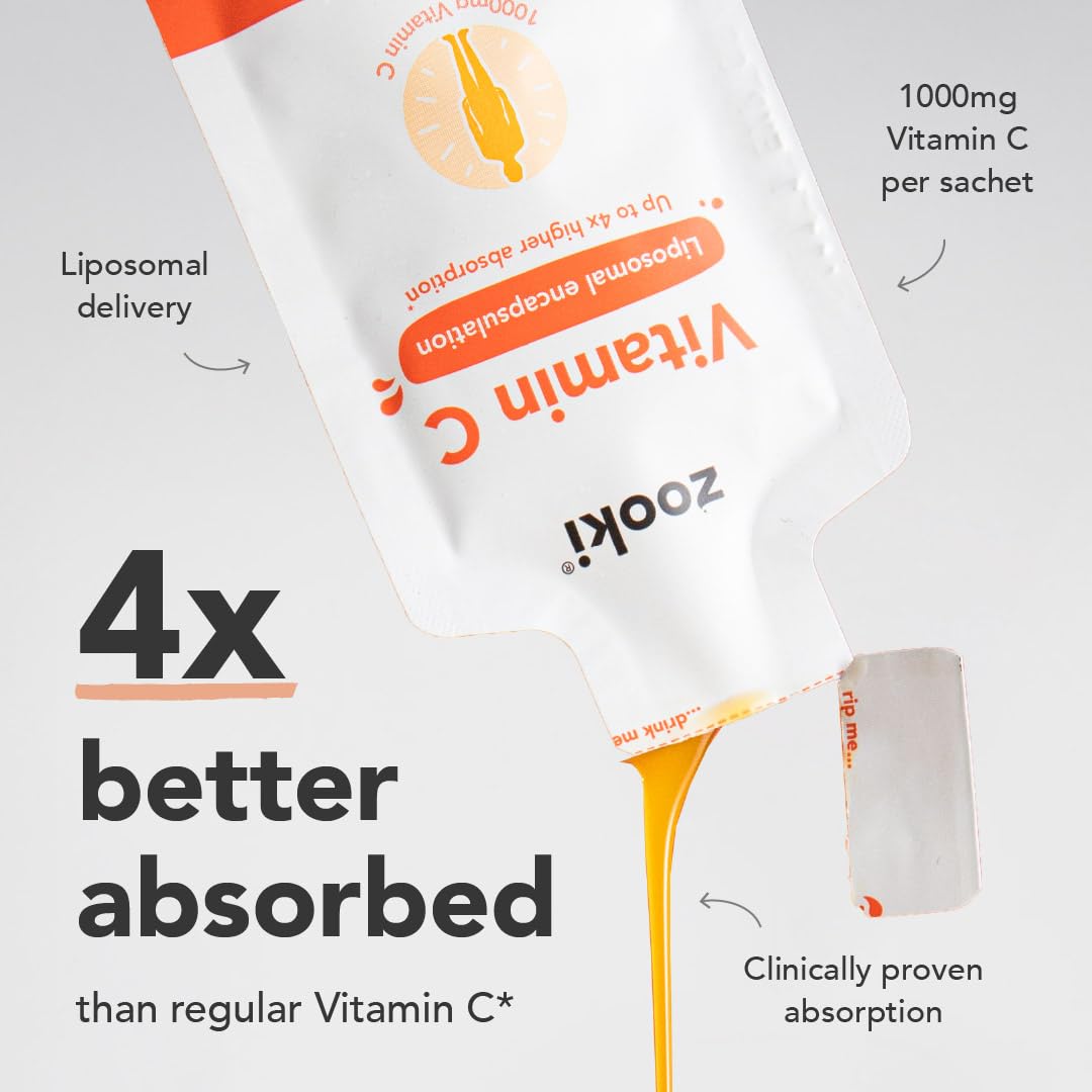 Zooki Vitamine-C liposomale: sachet dans un verre d'eau, absorption potentielle.