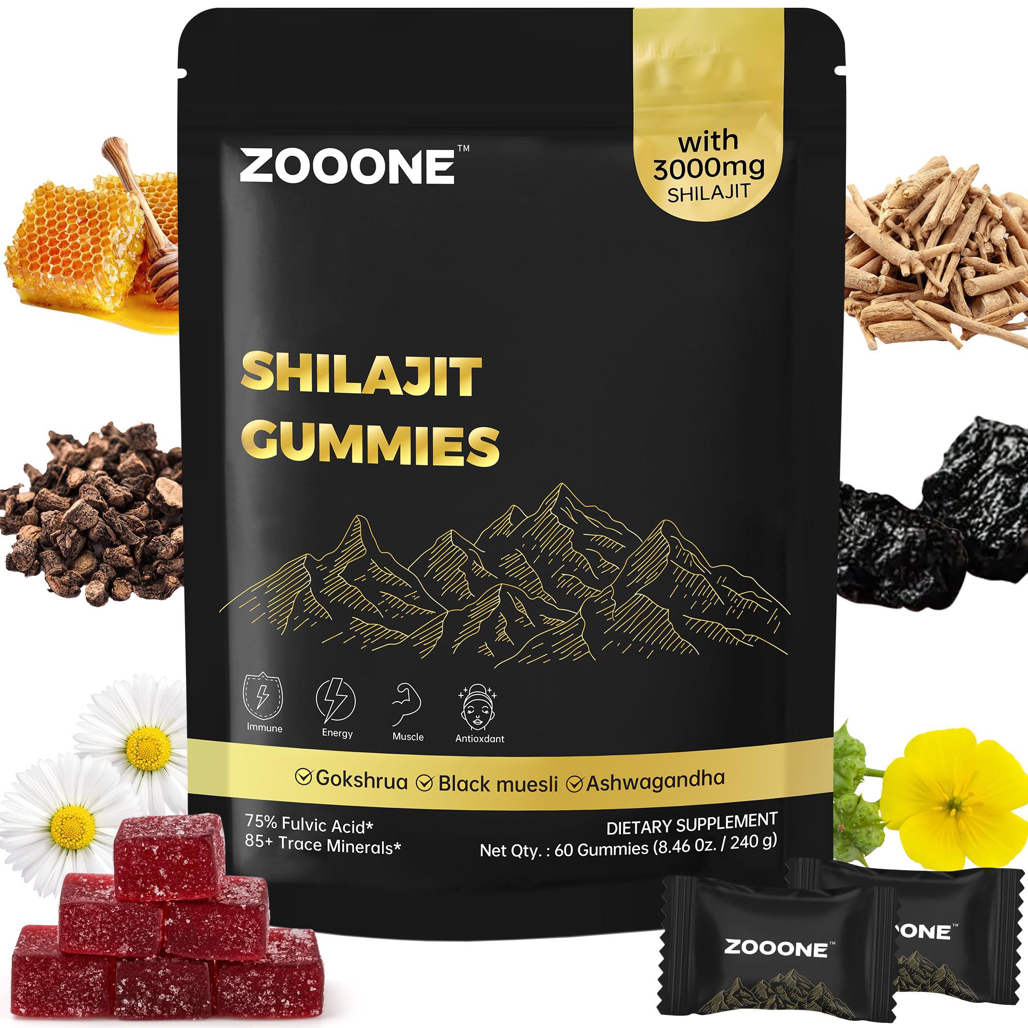 Gommes Zooone Shilajit et Ashwagandha dans une bouteille, énergie naturelle potentielle.