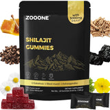 Gommes Zooone Shilajit et Ashwagandha dans une bouteille, énergie naturelle potentielle.