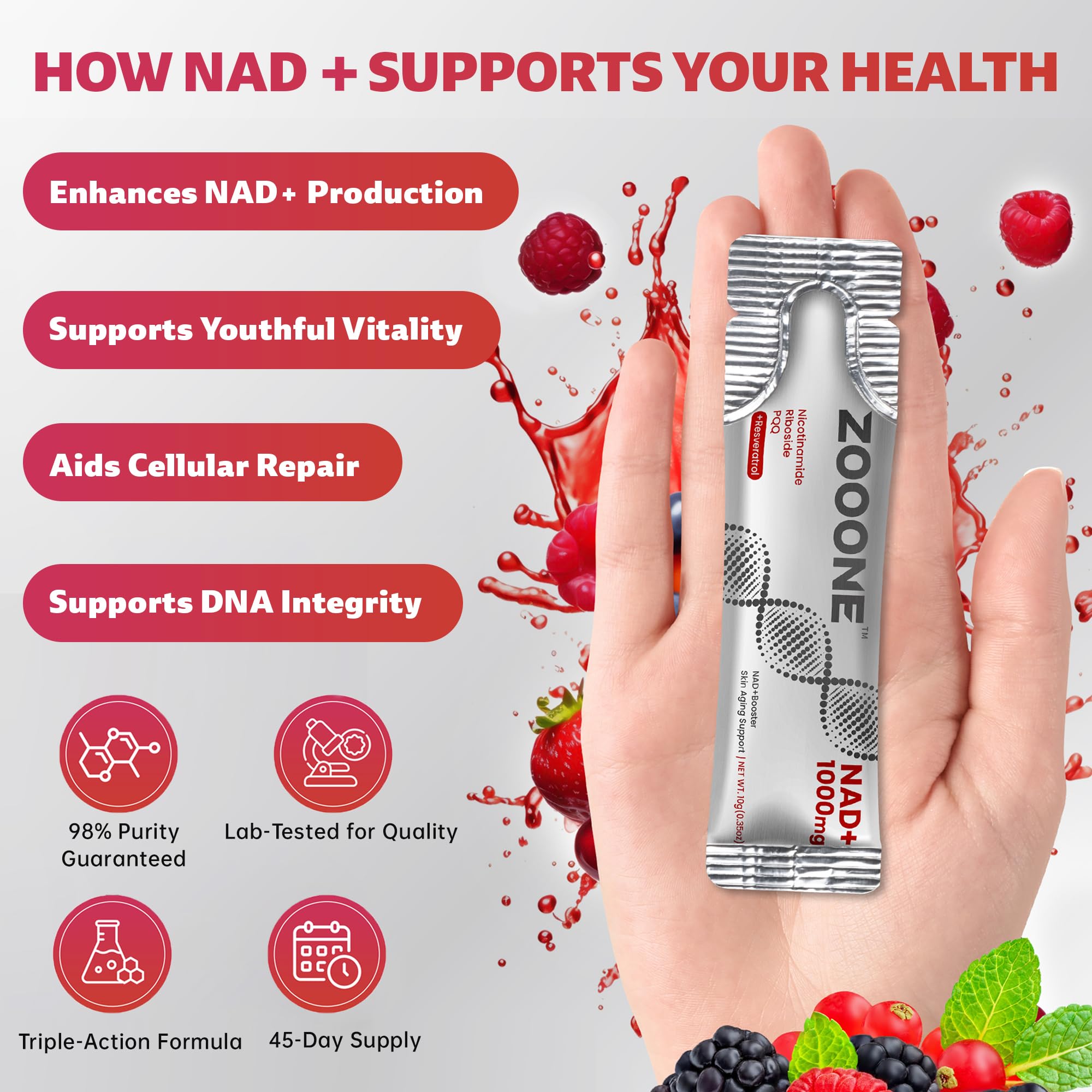 ZOOONE NAD+ Résveratrol et quercétine pour un métabolisme sain.