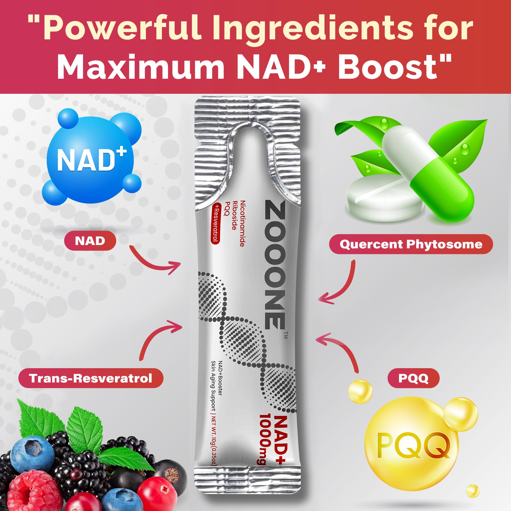ZOOONE NAD+ Ingrédients clés riboside de nicotinamide pour l énergie.