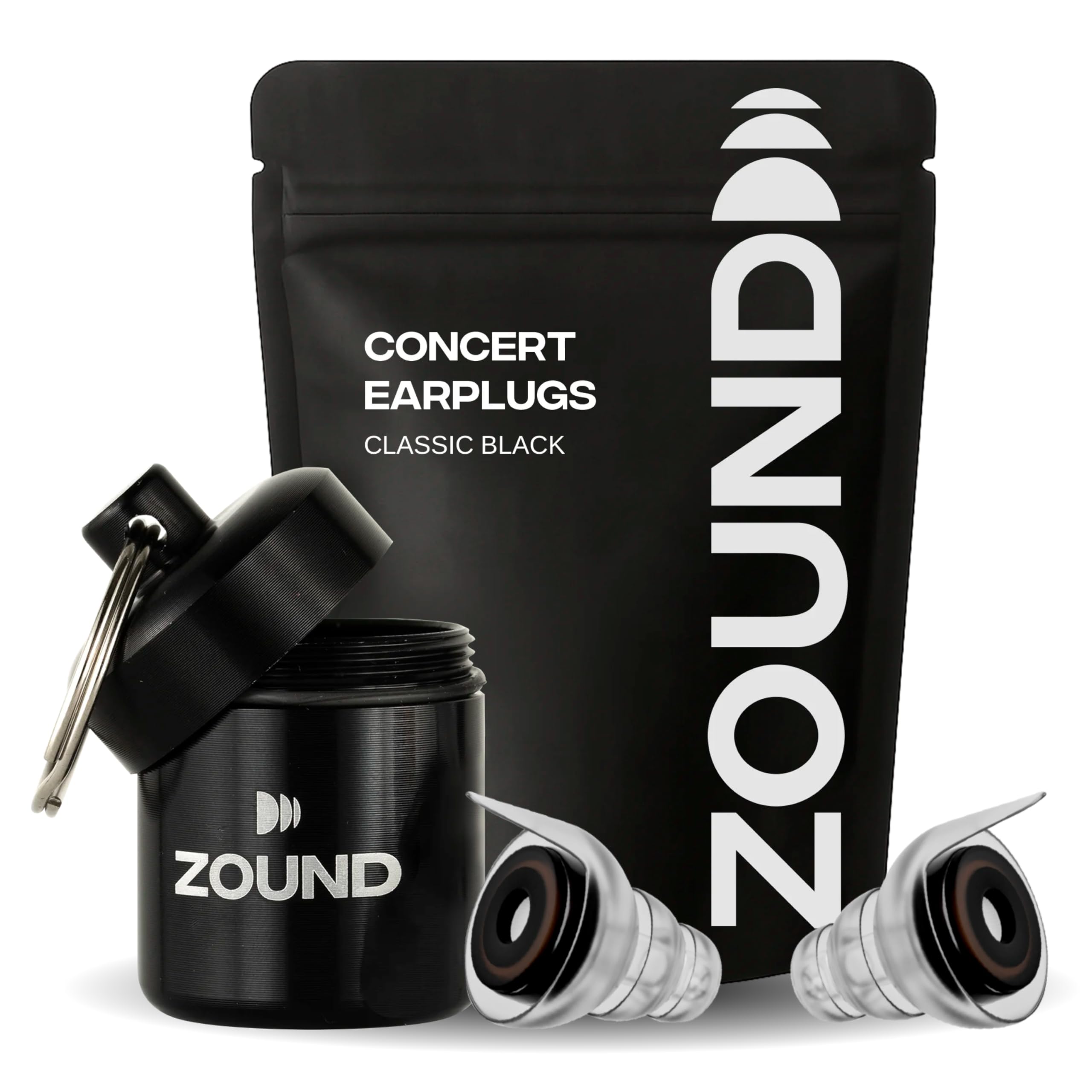 Bouchons Zound haute fidélité dans leur étui, protection auditive pratique lors des concerts.