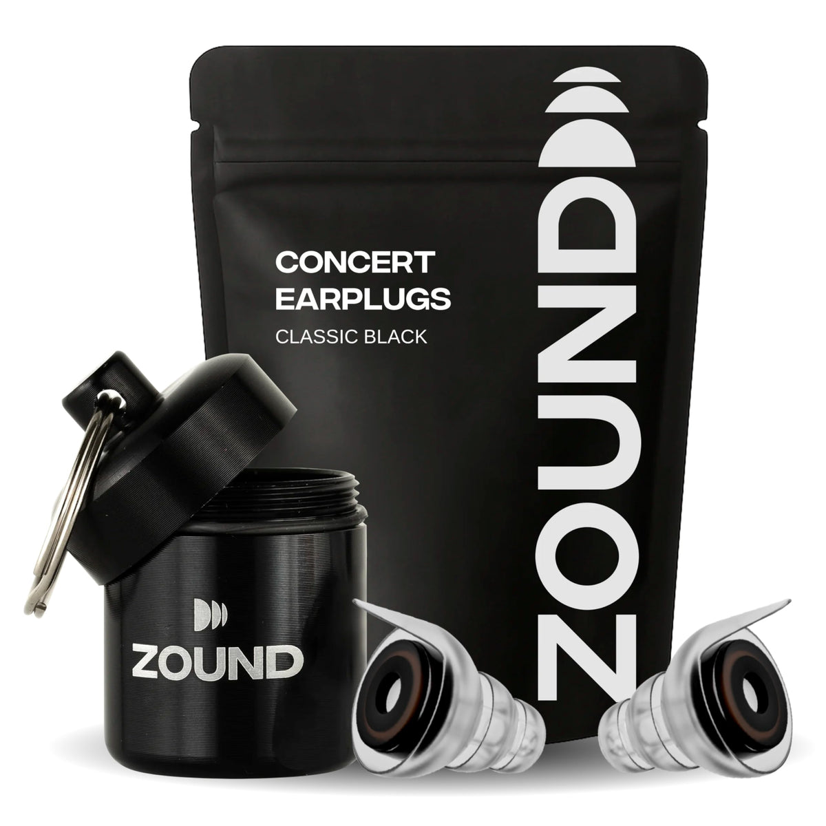 Bouchons Zound haute fidélité dans leur étui, protection auditive pratique lors des concerts.