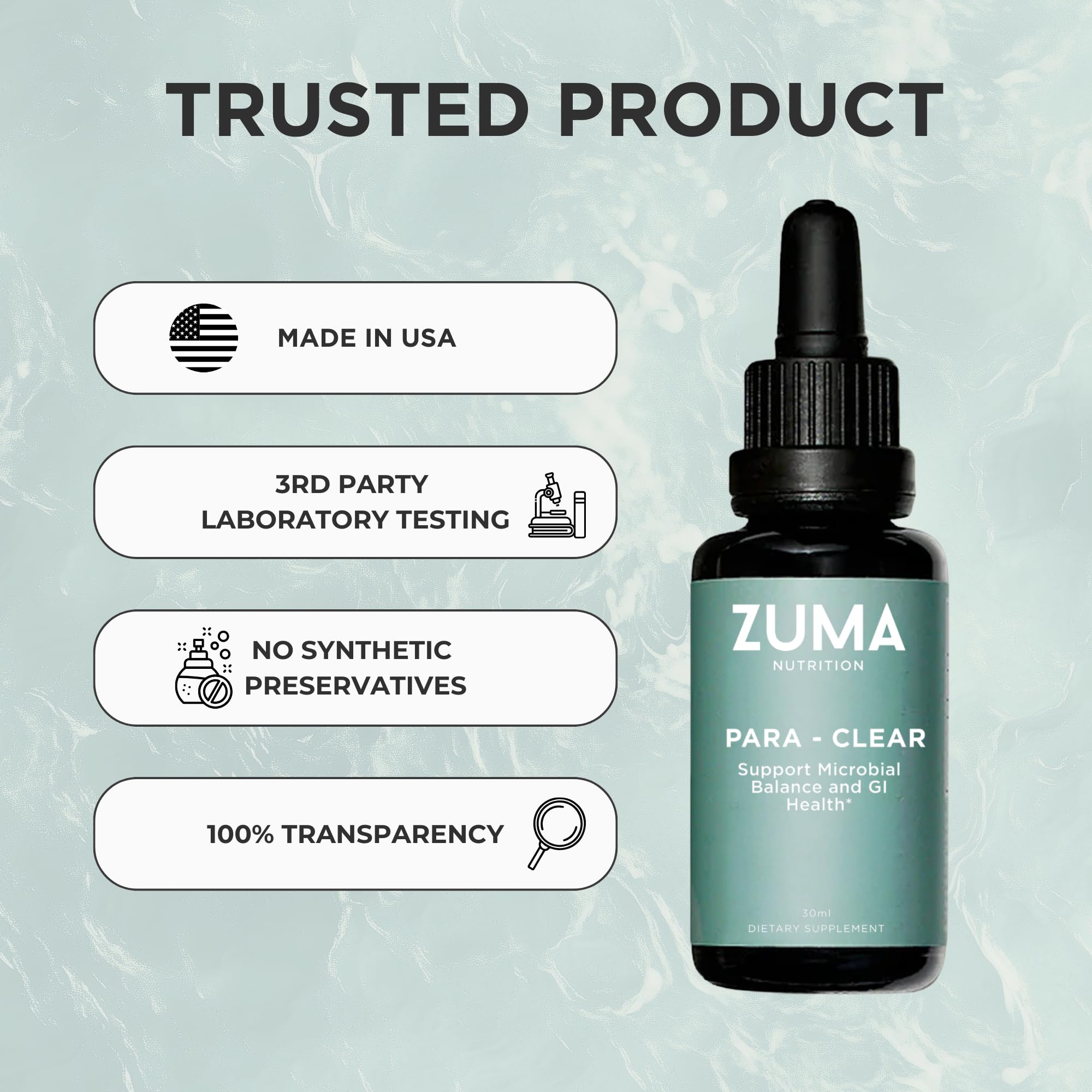 Etiquette Para-Clear Zuma Nutrition, design clair et informations.