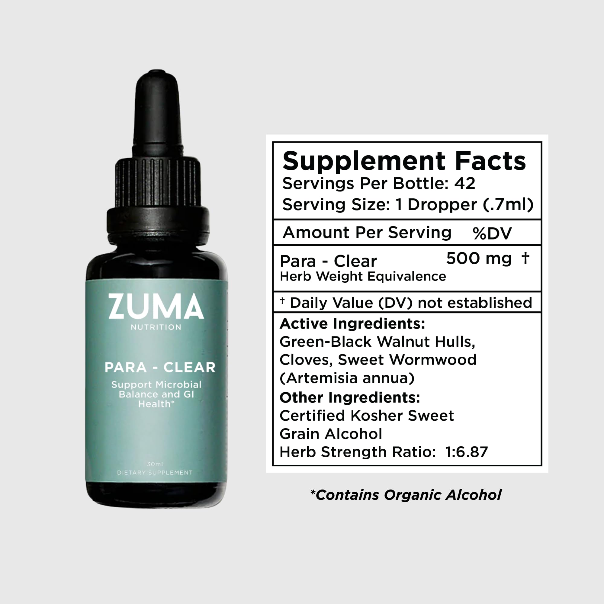 Goutte Para-Clear de Zuma Nutrition, administration précise dans eau.