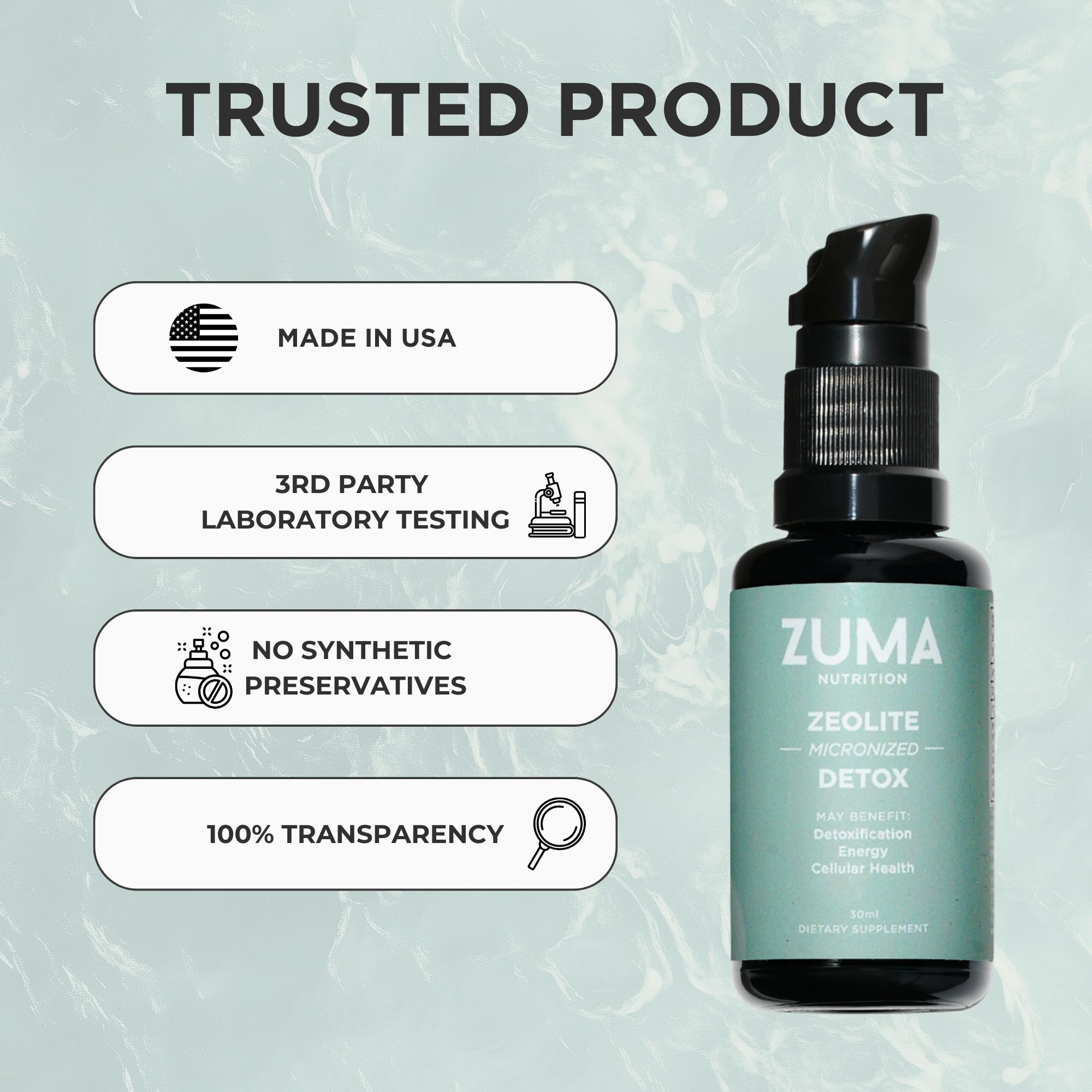 Zuma Nutrition Tonique Zeolite avec hydrosol de romarin et fenugrec, notes herbacées délicates.