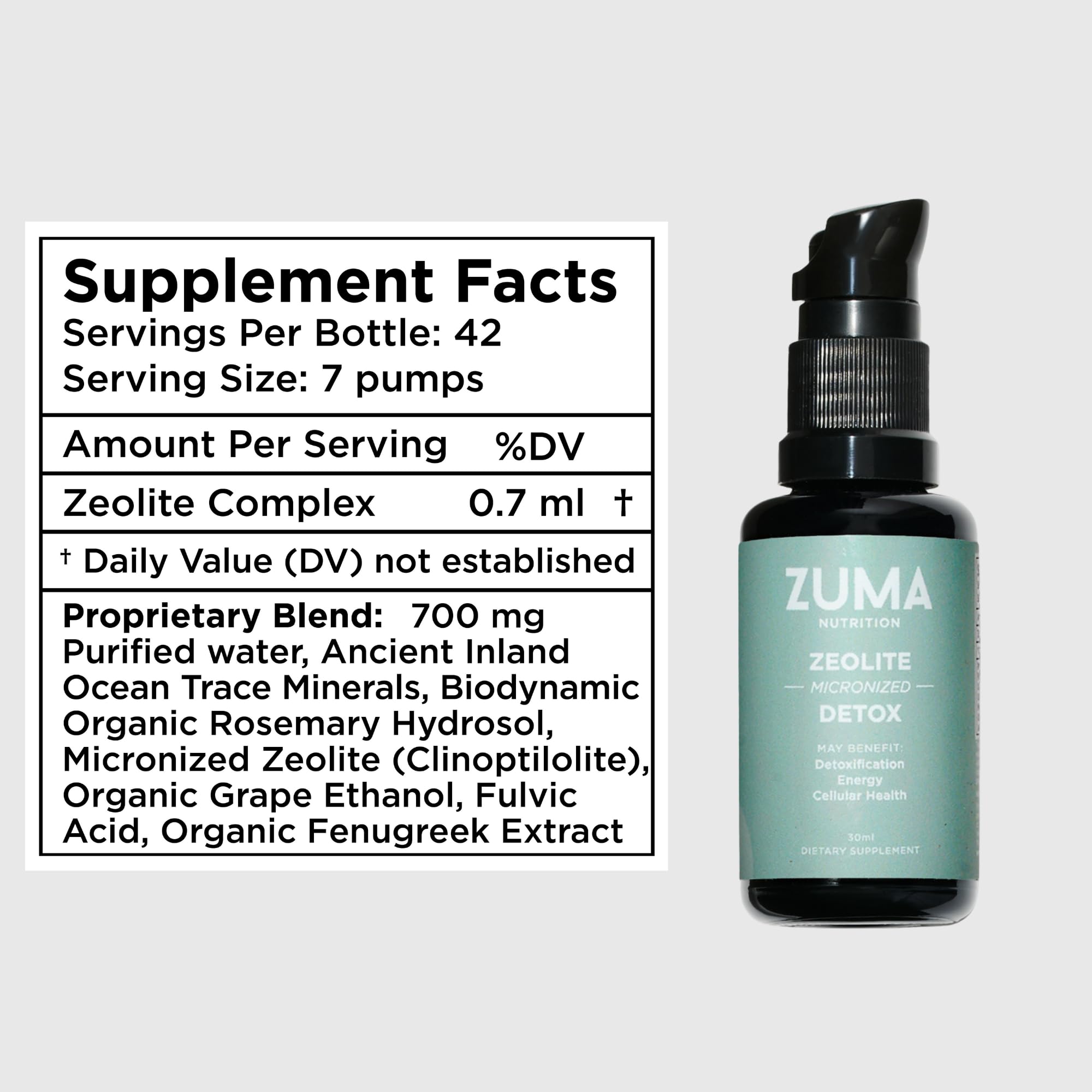 Zuma Nutrition Zeolite Tonique gouttes utilisées dans l'eau pour une expérience rafraîchissante.