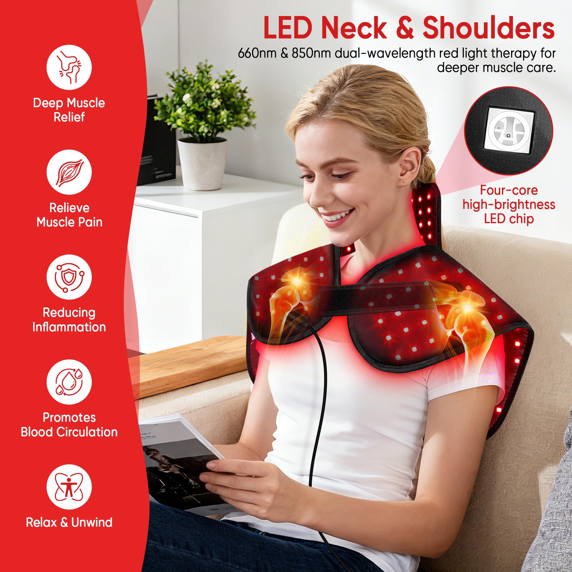 ZUOHE lumière rouge 660nm, détail sur les muscles du cou pour détente ciblée.