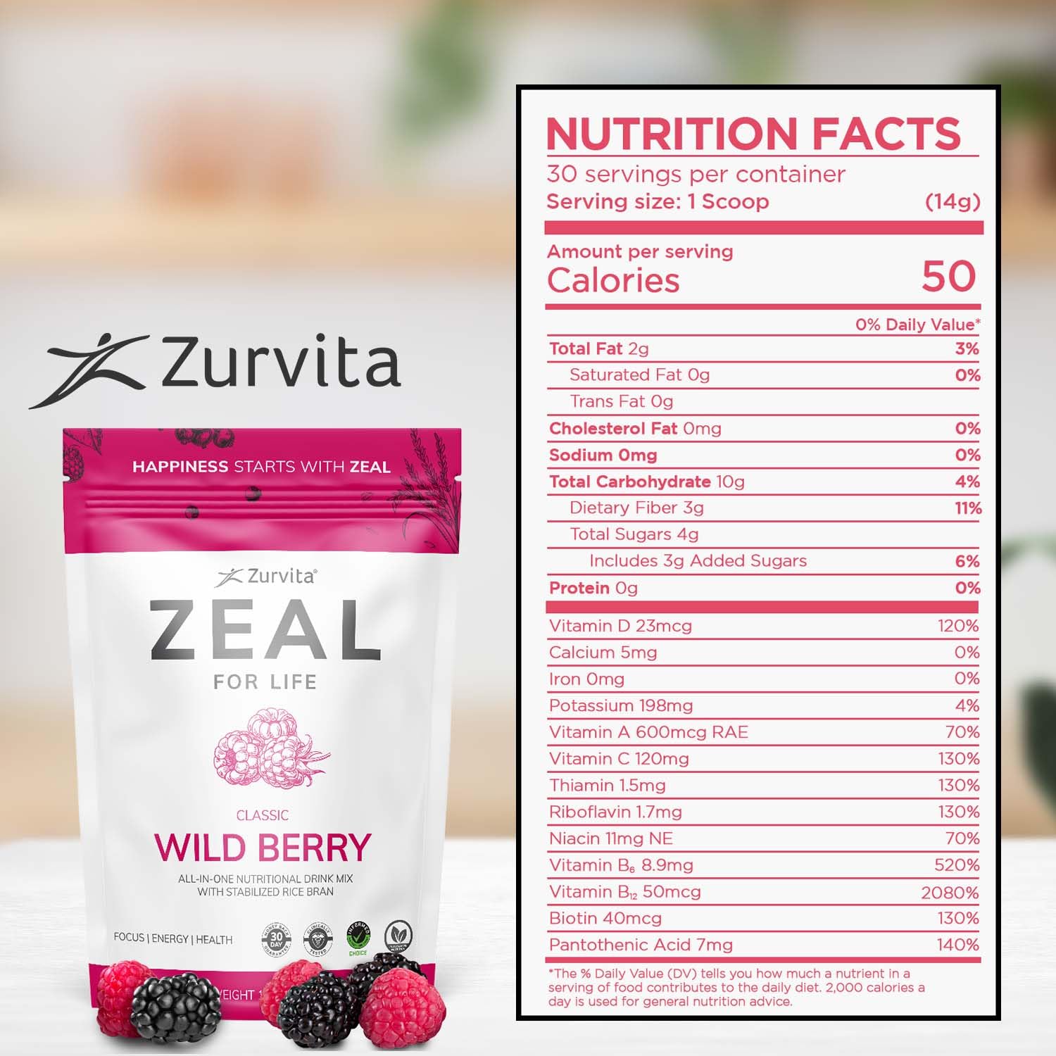 Étiquette du sachet Zurvita Zeal bien-être 30 jours, aperçu clair.