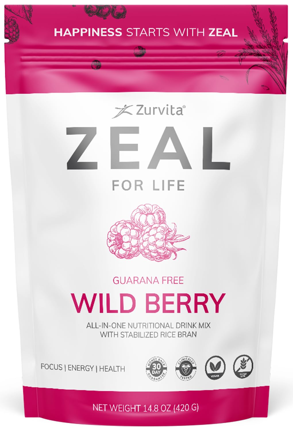Zurvita Zeal, sachet poudre framboise sauvage prêt à l’emploi, dégustation fruitée.