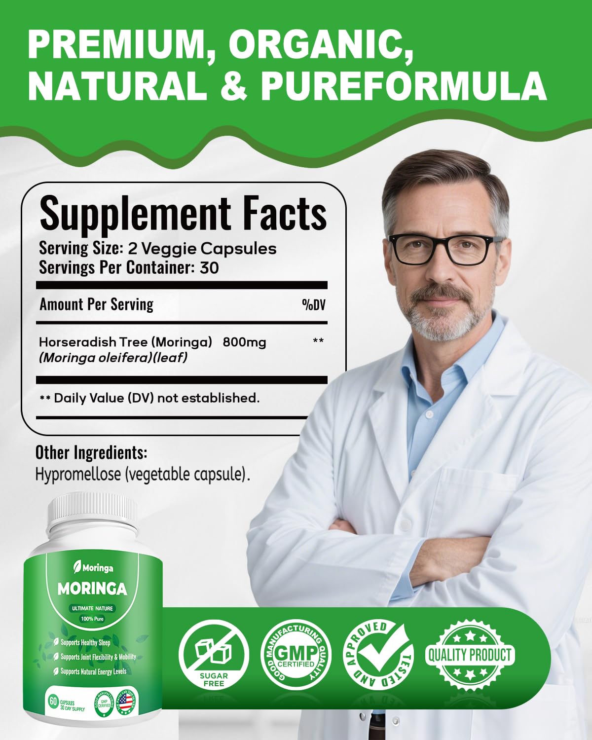 Prise quotidienne facile avec eau pour ZyliaVitaX Moringa 800 mg.