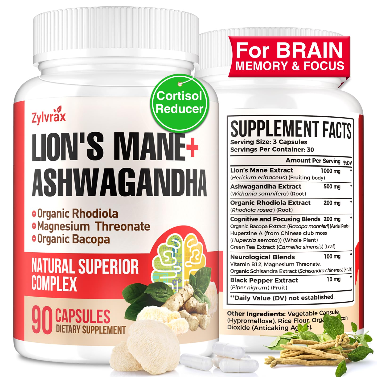 Zylvrax Ashwagandha Crinière de Lion — gélules, soutien mémoire et concentration.