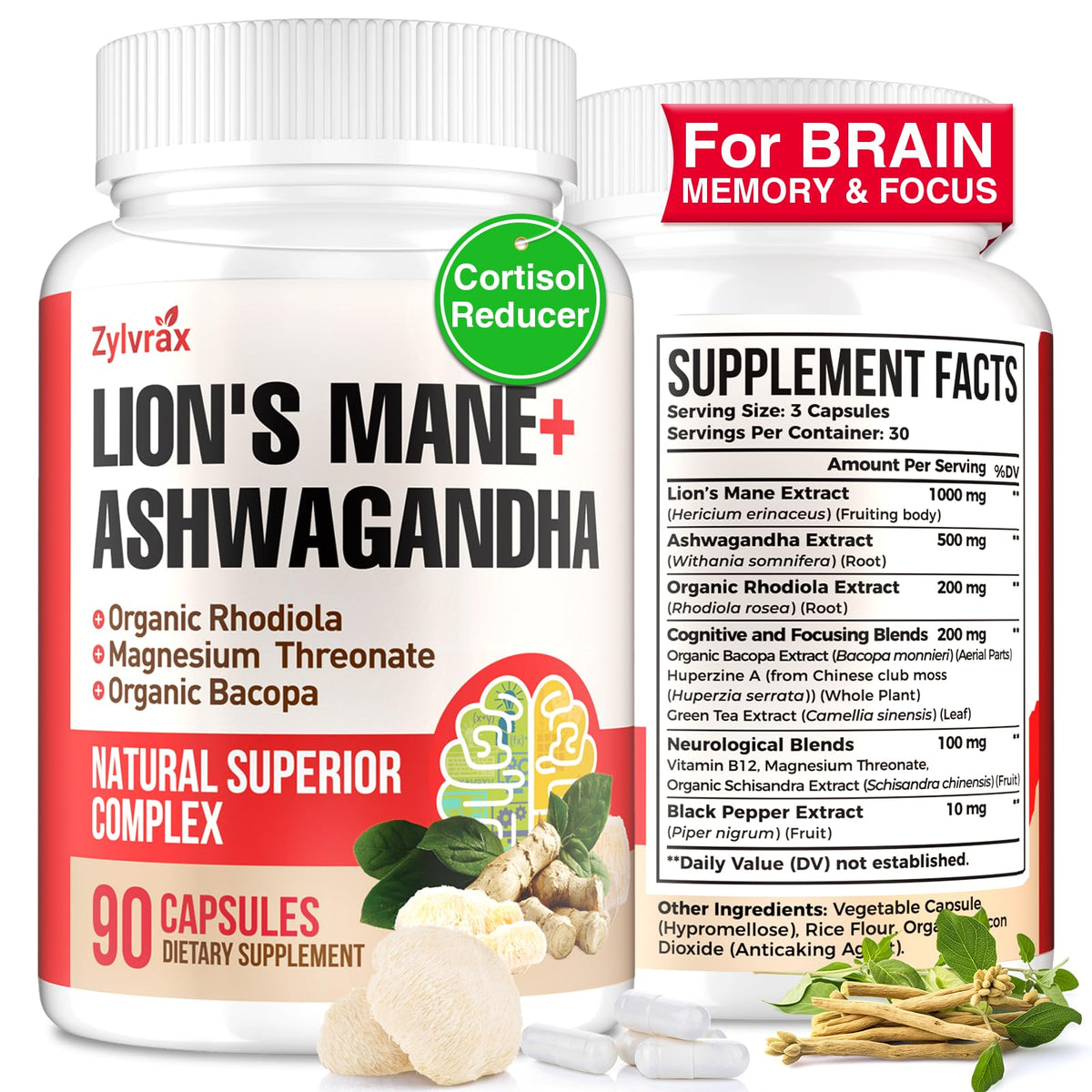 Zylvrax Ashwagandha Crinière de Lion — gélules, soutien mémoire et concentration.