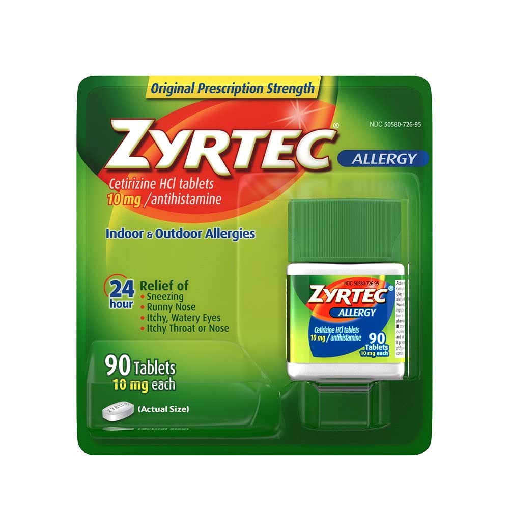 Zyrtec comprimés dans une bouteille, soutien potentiel contre les allergies quotidiennes.