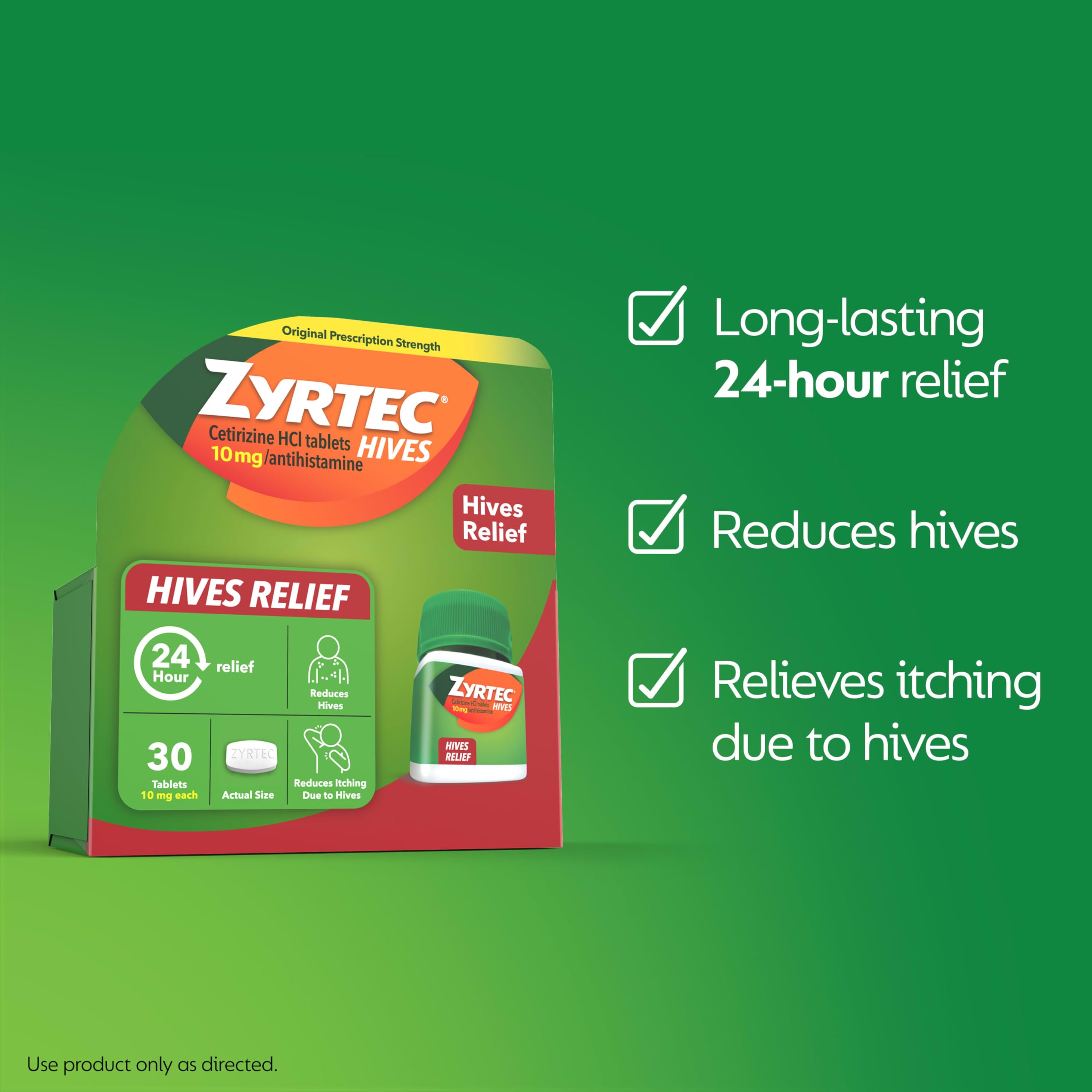 Blister Zyrtec montrant le soulagement rapide des démangeaisons.