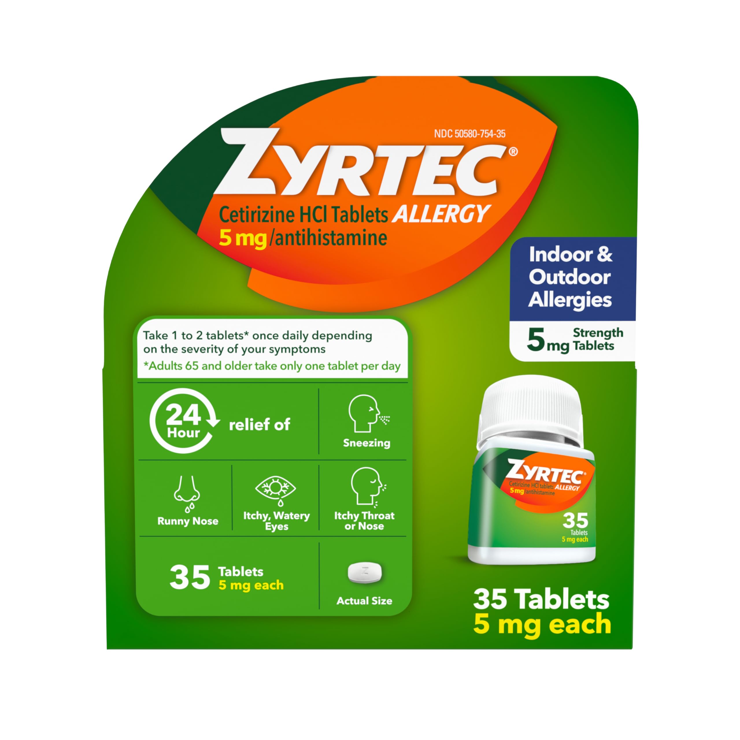 Bouteille Zyrtec 35 comprimés, dosage quotidien pratique pour l'allergie.