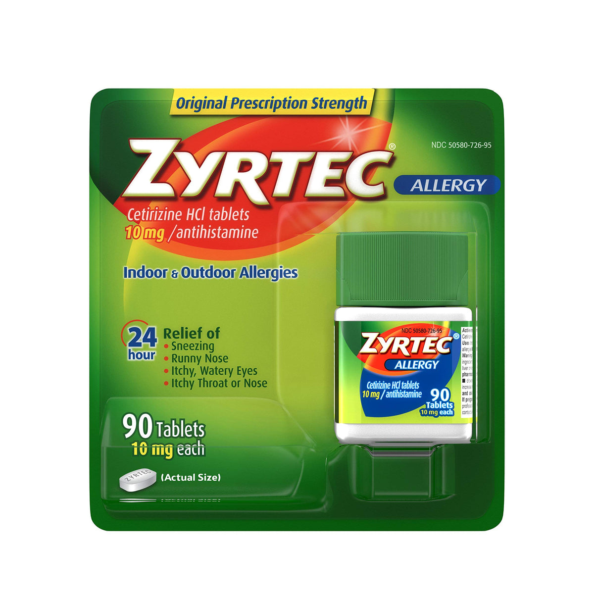 Zyrtec: bouteille de soulagement allergique 24h prête à l'emploi.