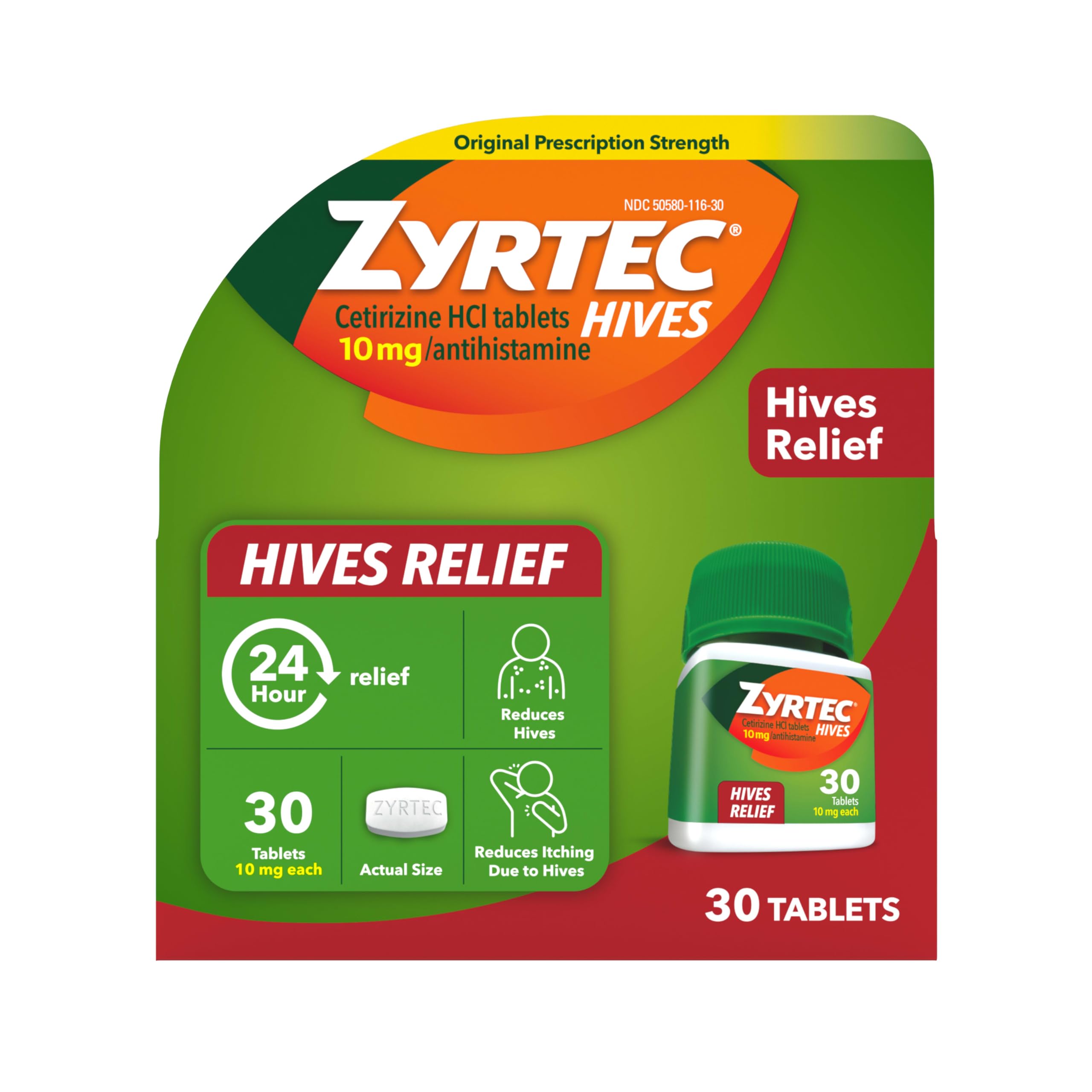 Bouteille Zyrtec de 30 comprimés pour soulager l’urticaire et démangeaisons.