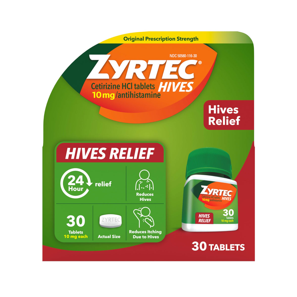 Bouteille Zyrtec de 30 comprimés pour soulager l’urticaire et démangeaisons.