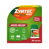 Bouteille Zyrtec de 30 comprimés pour soulager l’urticaire et démangeaisons.