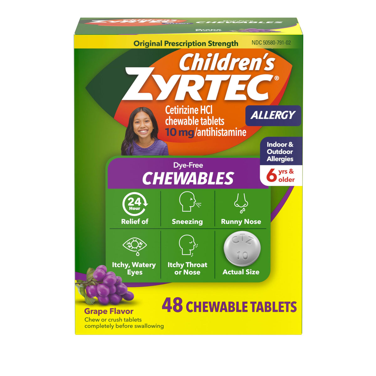 Zyrtec Enfant comprimés à croquer goût raisin, pratique pour l'école et les activités.