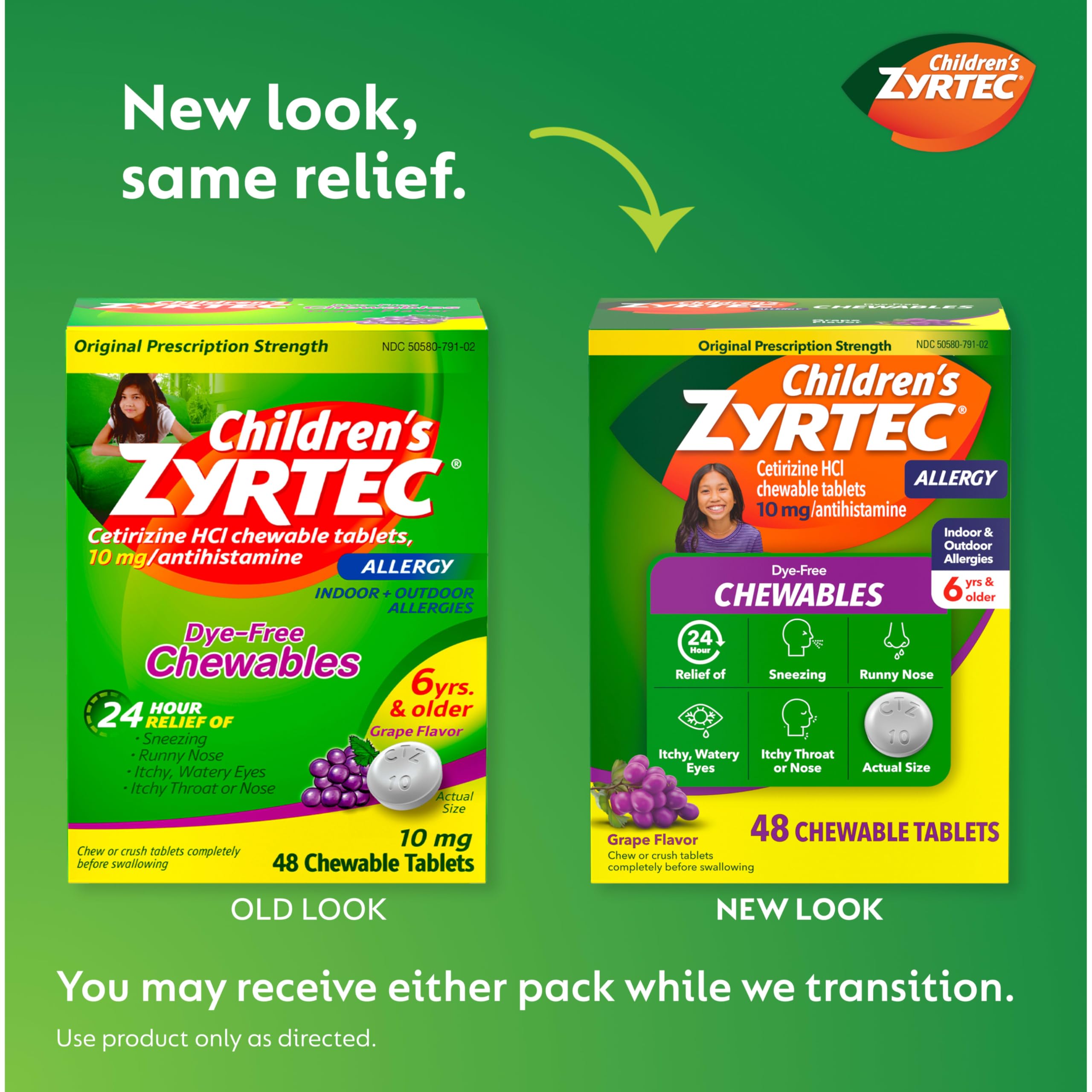 Zyrtec Enfant comprimés sans colorant goût raisin, prise quotidienne facile.