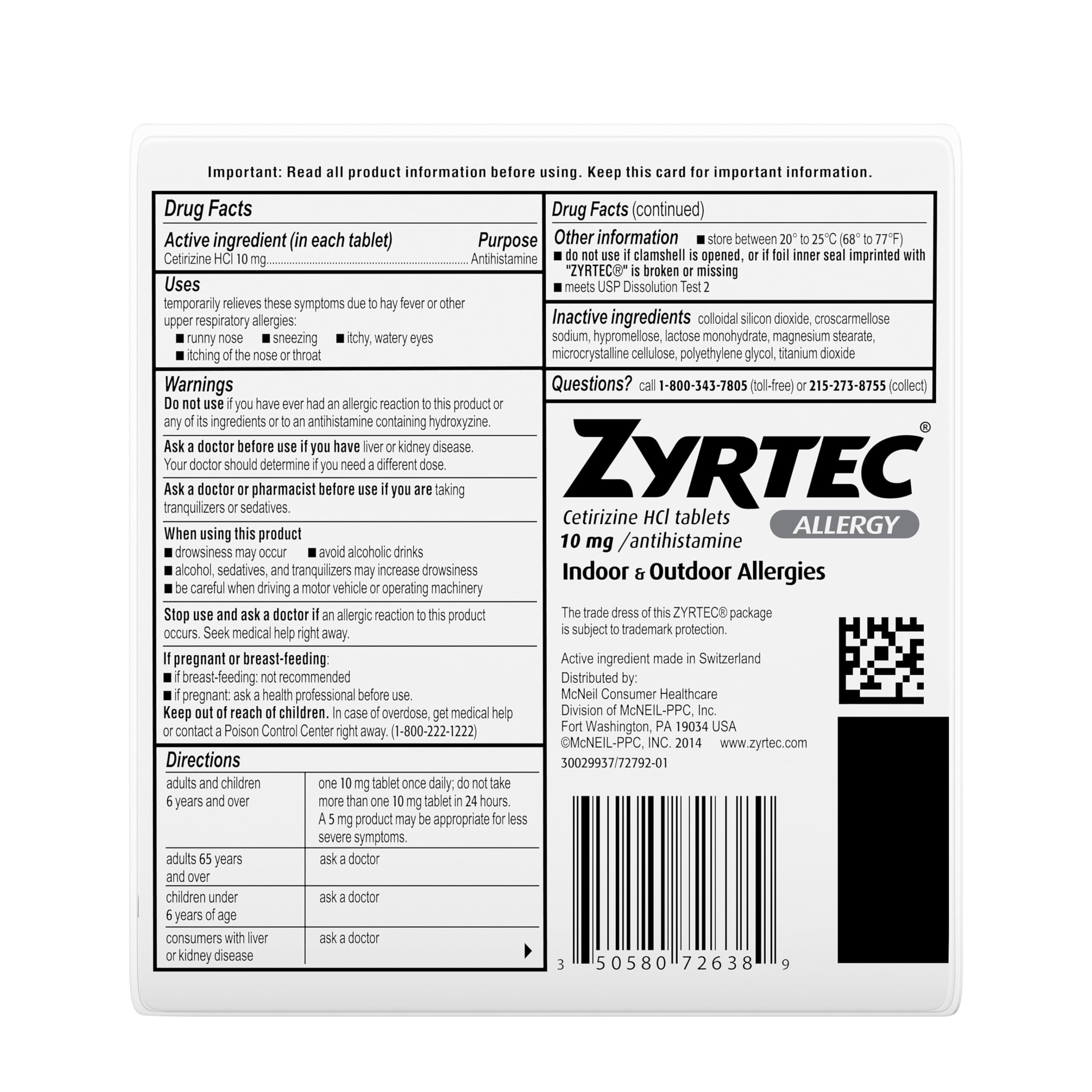 Formulation Zyrtec 10 mg pour soulager les symptômes.