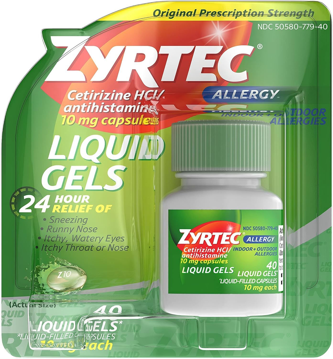 Zyrtec: gels liquides 24h pour usage intérieur et extérieur.