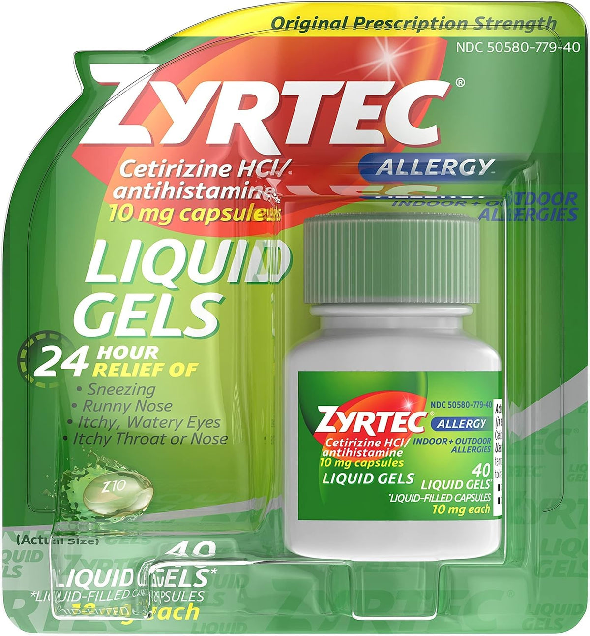 Zyrtec: gels liquides 24h pour usage intérieur et extérieur.