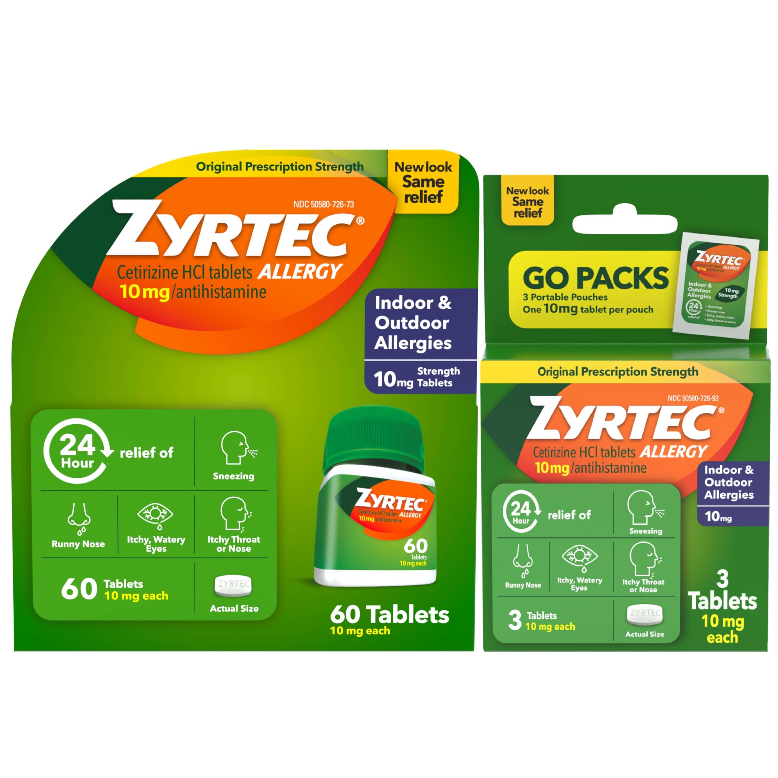Zyrtec relief 24h, bouteille de 60 comprimés, pour un soulagement durable des allergies.